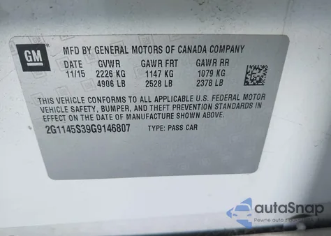 2016 Chevrolet Impala 2Lz from USA, damaged, VIN 2G1145S39G9146807